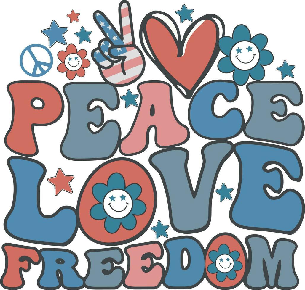Frieden Liebe Freiheit retro 4 .. von Juli Unabhängigkeit Tag T-Shirt Design vektor