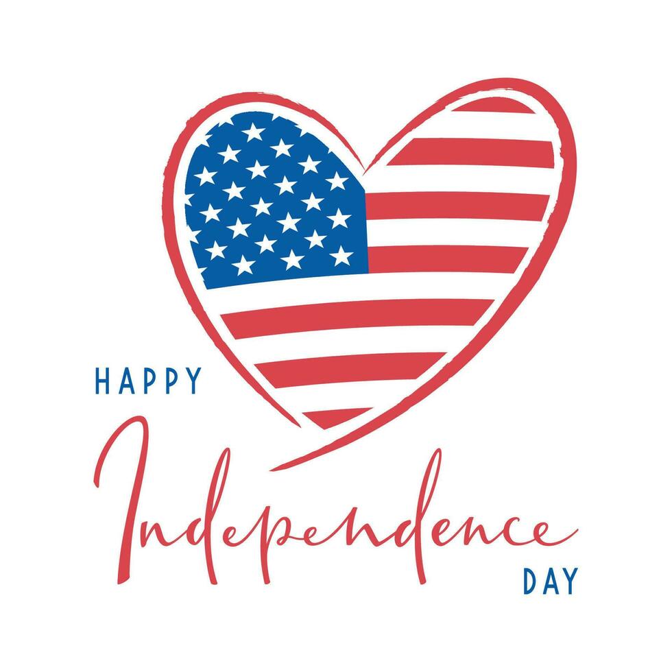 4 .. von Juli, vereinigt angegeben Unabhängigkeit Tag Text Banner mit USA Flagge im Herz Form. amerikanisch National Urlaub. Hand gezeichnet Beschriftung Typografie Design. Vektor Poster