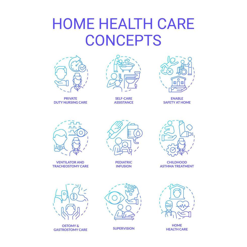 Hem hälsa vård blå lutning begrepp ikoner uppsättning. medicinsk tjänster leverantörer. amning och bistånd aning tunn linje Färg illustrationer. isolerat symboler vektor