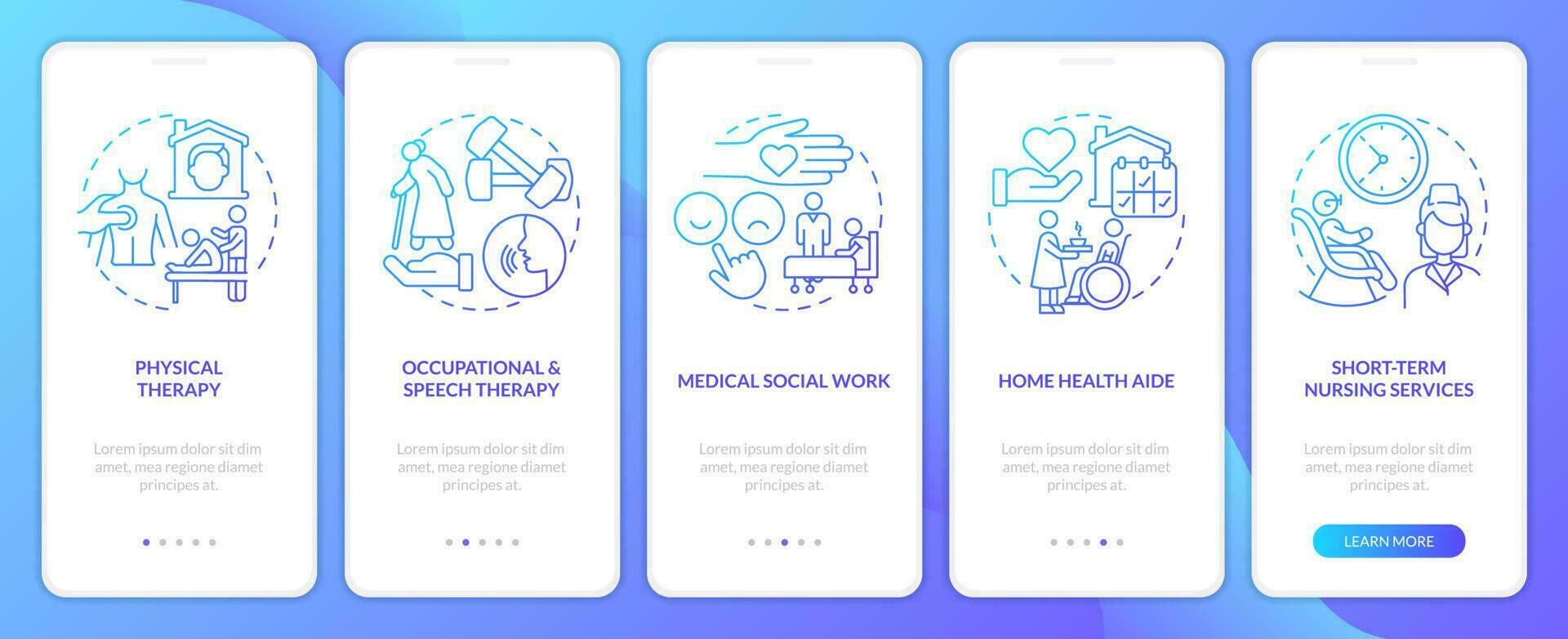 Zuhause Gesundheit Pflege Dienstleistungen Blau Gradient Onboarding Handy, Mobiltelefon App Bildschirm. Komplettlösung 5 Schritte Grafik Anleitung mit linear Konzepte. ui, ux, gui Vorlage vektor