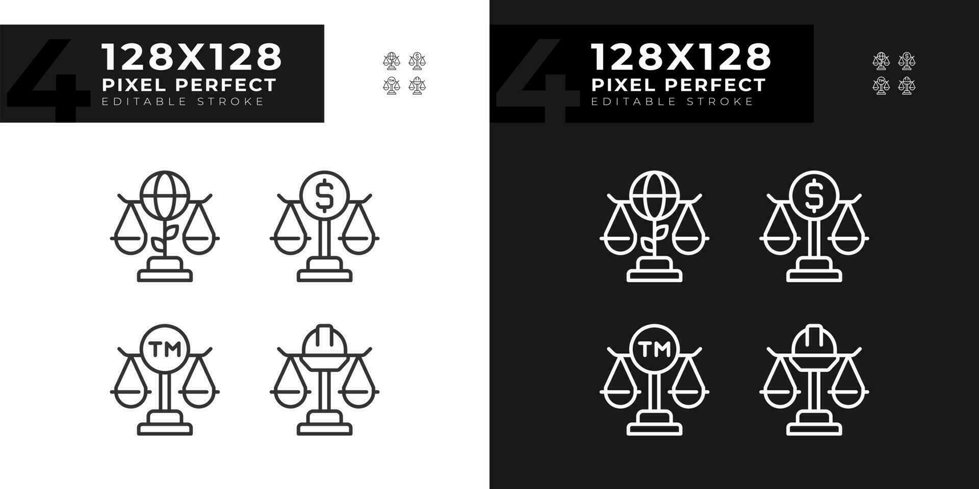 lag reglering i företag och industri pixel perfekt linjär ikoner uppsättning för mörk, ljus läge. Rättslig skydd i domstol. tunn linje symboler för natt, dag tema. isolerat illustrationer. redigerbar stroke vektor