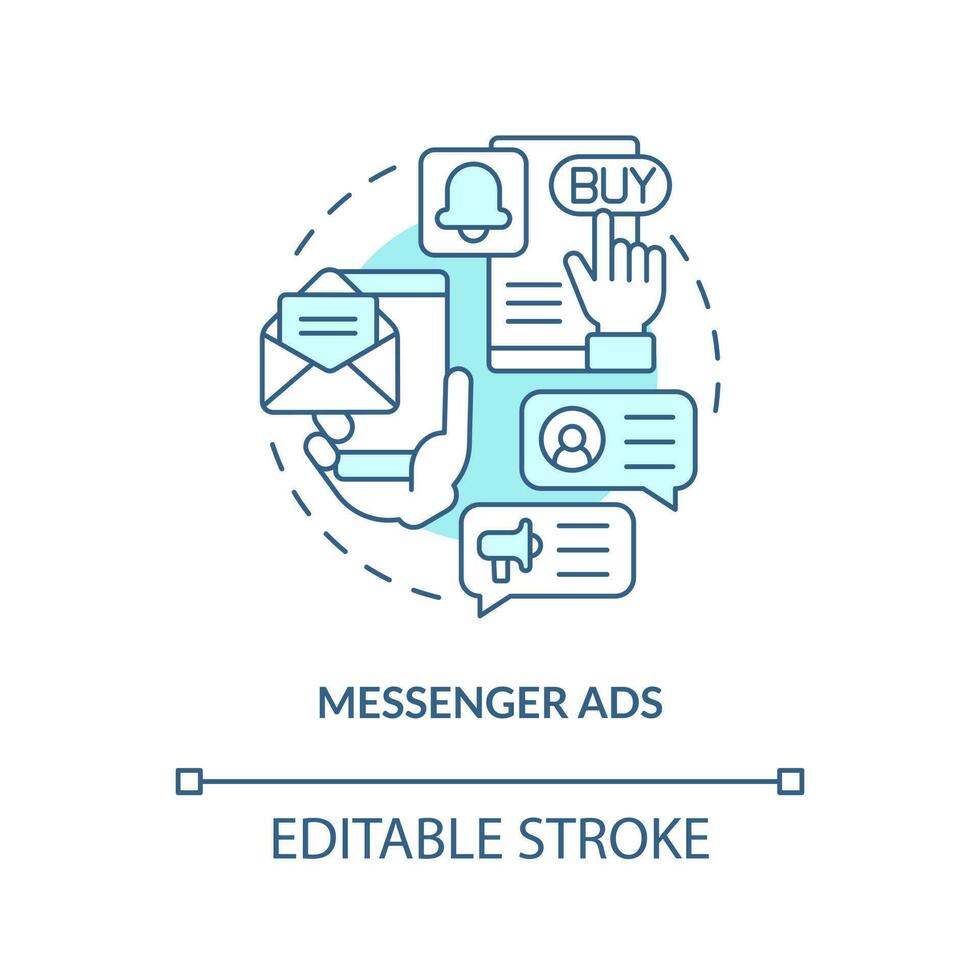 budbärare annonser turkos begrepp ikon. kommunikation i chatt. social media promo abstrakt aning tunn linje illustration. isolerat översikt teckning. redigerbar stroke vektor