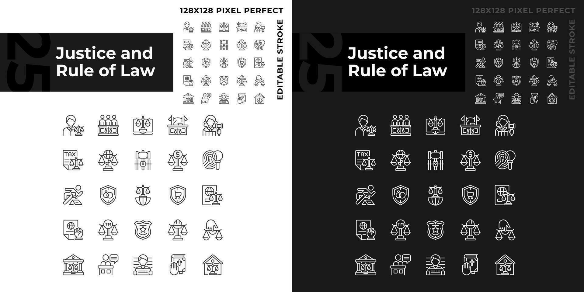 Gerechtigkeit und Regel von Gesetz Pixel perfekt linear Symbole einstellen zum dunkel, Licht Modus. Regierung System von Verordnung. dünn Linie Symbole zum Nacht, Tag Thema. isoliert Illustrationen. editierbar Schlaganfall vektor