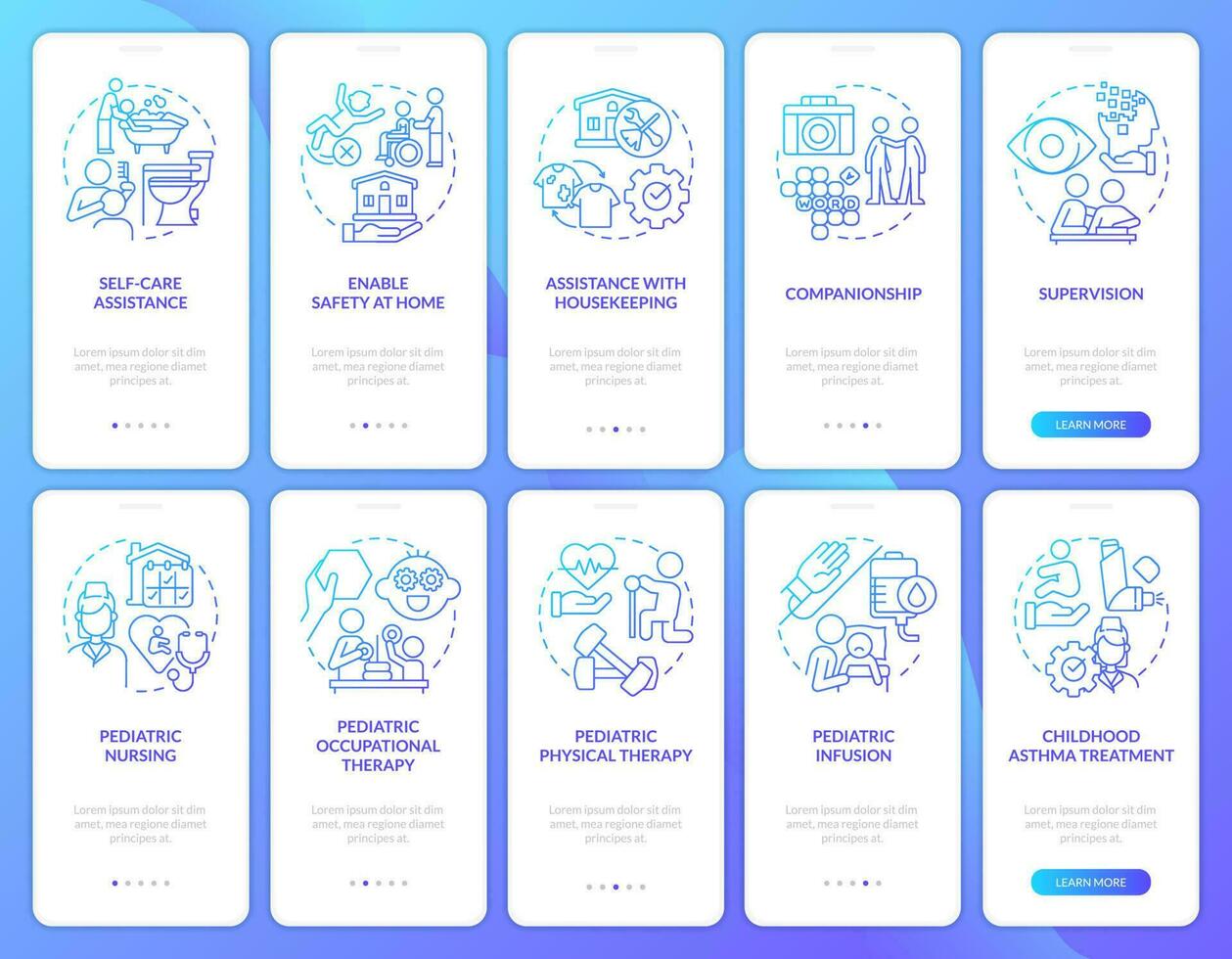 Zuhause Gesundheitswesen Dienstleistungen Blau Gradient Onboarding Handy, Mobiltelefon App Bildschirm Satz. Komplettlösung 5 Schritte Grafik Anleitung mit linear Konzepte. ui, ux, gui Vorlage vektor