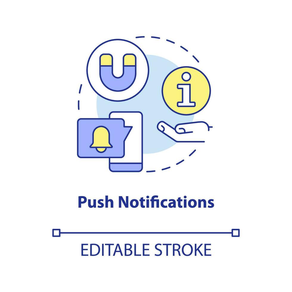 drücken Benachrichtigungen Konzept Symbol. Handy, Mobiltelefon Anwendung. Trend im Webseite Entwicklung abstrakt Idee dünn Linie Illustration. isoliert Gliederung Zeichnung. editierbar Schlaganfall vektor