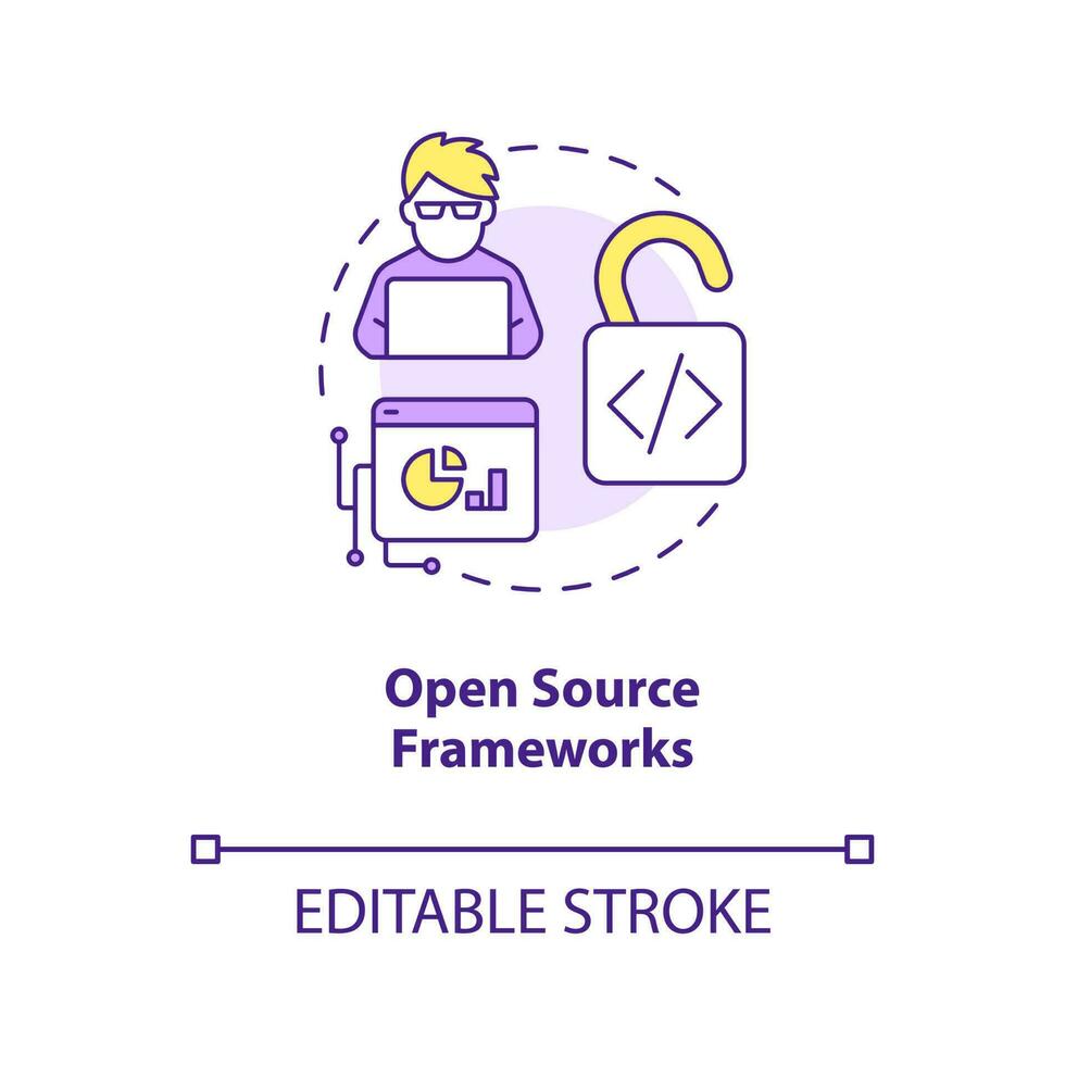 öffnen Quelle Frameworks Konzept Symbol. Digital Technologie. Netz Entwicklung Trend abstrakt Idee dünn Linie Illustration. isoliert Gliederung Zeichnung. editierbar Schlaganfall vektor