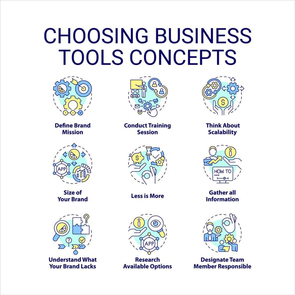 välja företag verktyg begrepp ikoner uppsättning. varumärke strategi. förse ny teknik aning tunn linje Färg illustrationer. isolerat symboler. redigerbar stroke vektor