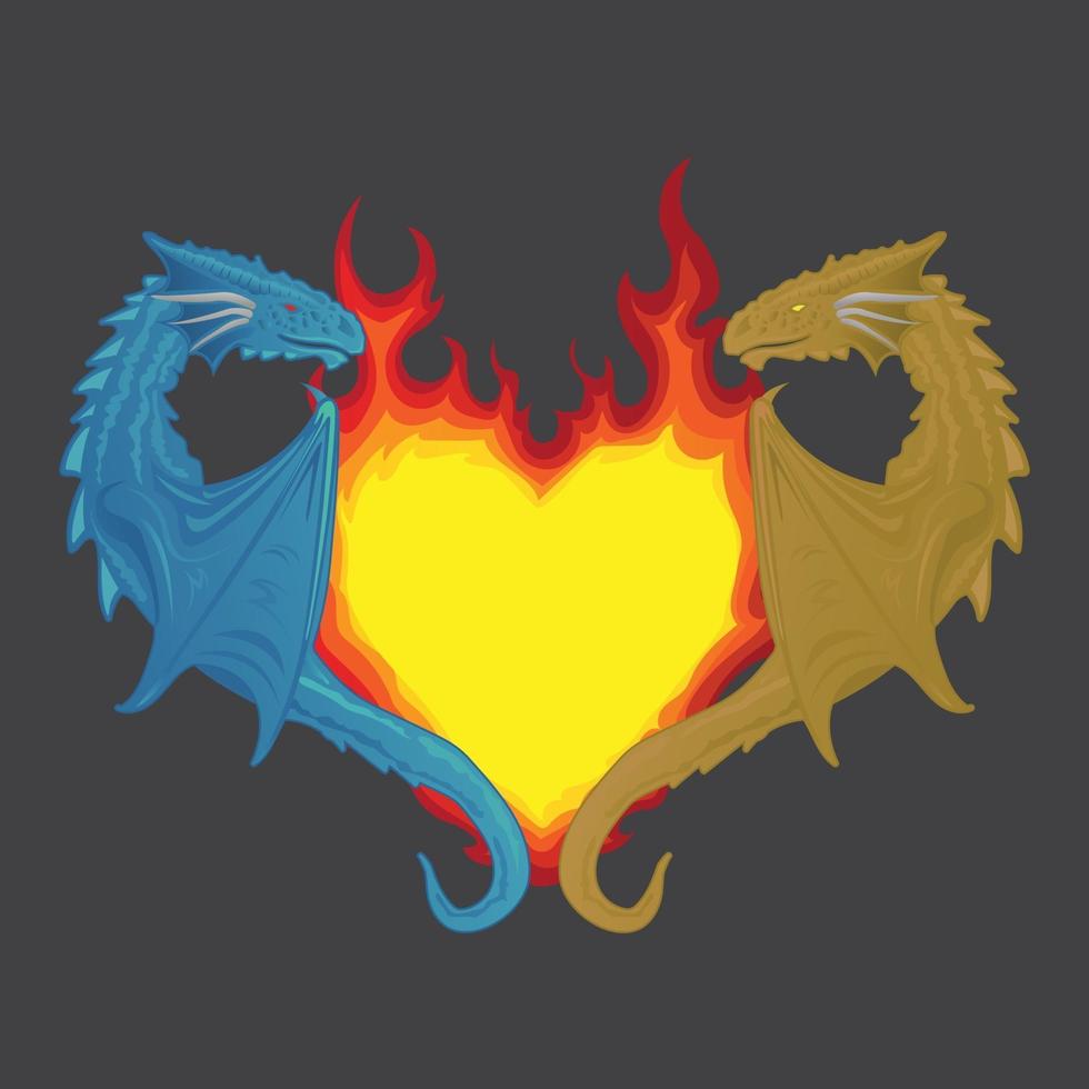 två drakar som håller fast vid hjärtat som är i form av en brinnande eld vektor