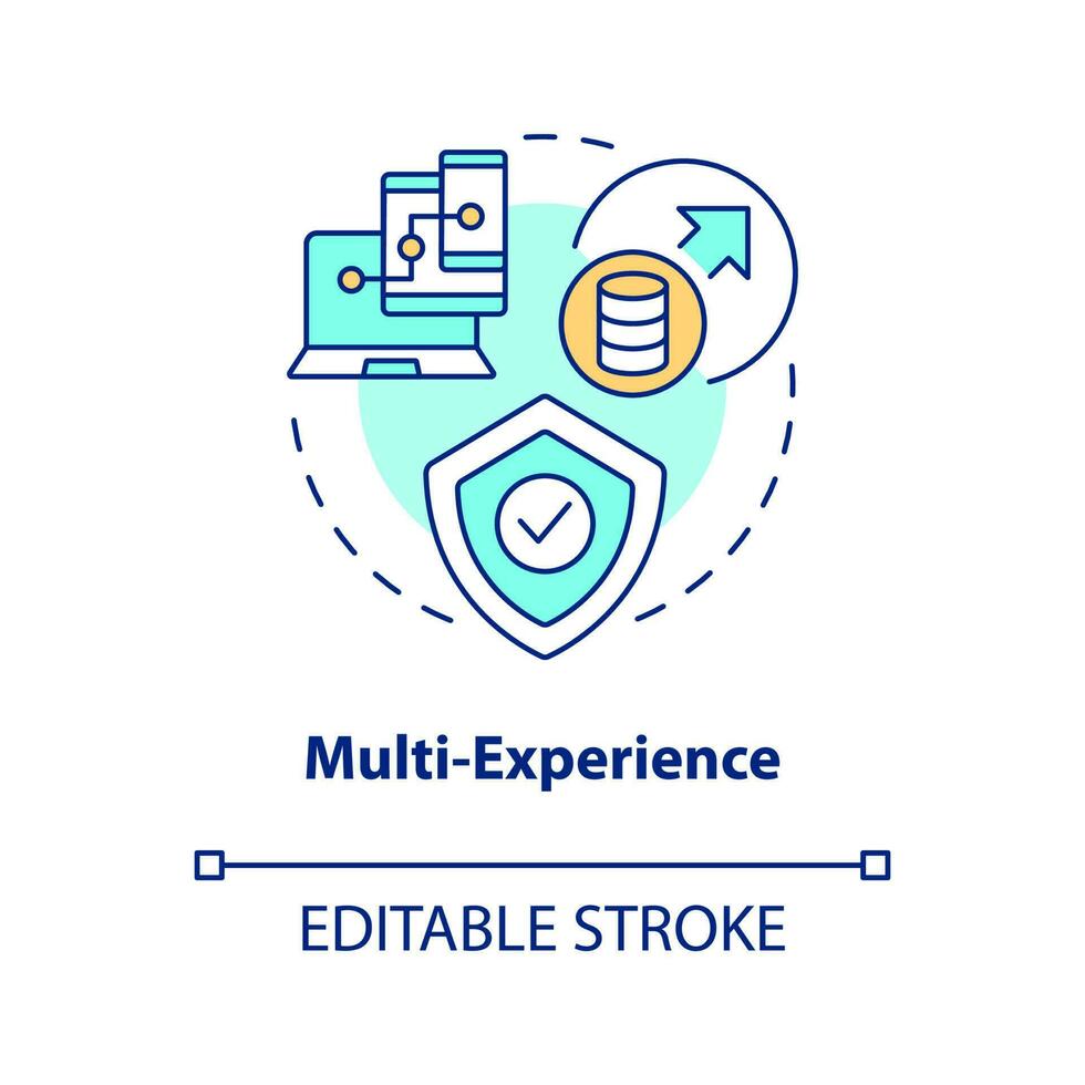 multi Erfahrung Konzept Symbol. App Entwicklung. Trend im Netz Technologie abstrakt Idee dünn Linie Illustration. isoliert Gliederung Zeichnung. editierbar Schlaganfall vektor