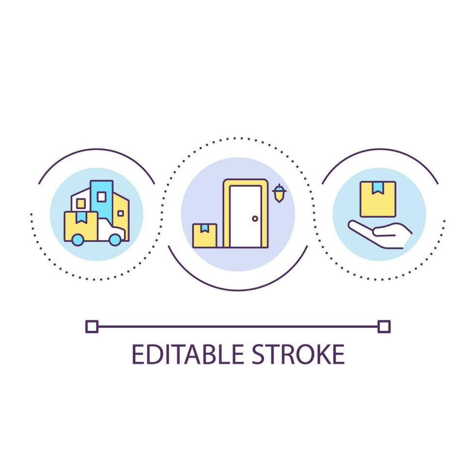 Zuhause Lieferung Bedienung Schleife Konzept Symbol. Paket beim Haustür. Kurier Versand. kontaktlos Mailing abstrakt Idee dünn Linie Illustration. isoliert Gliederung Zeichnung. editierbar Schlaganfall vektor