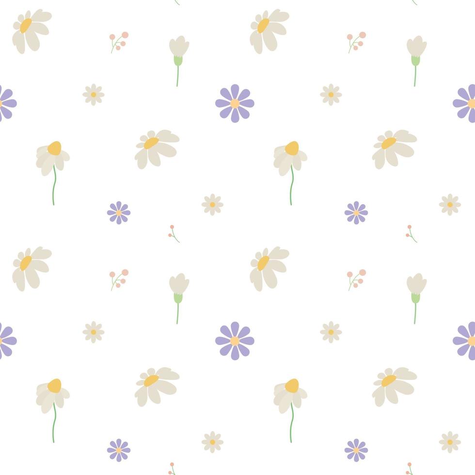nahtloses Blumenmuster des Vektors von weißen Gänseblümchen und lila Blumen auf einem empfindlichen digitalen Papier des transparenten Hintergrunds vektor