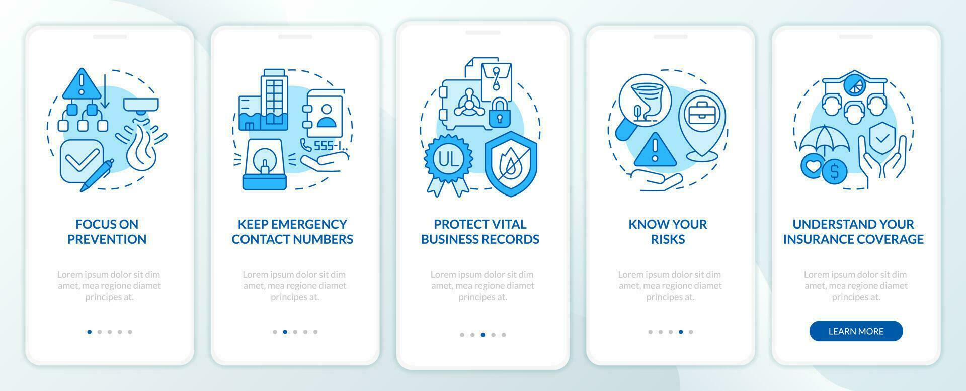 företag katastrof planera blå onboarding mobil app skärm. genomgång 5 steg redigerbar grafisk instruktioner med linjär begrepp. ui, ux, gui mall vektor