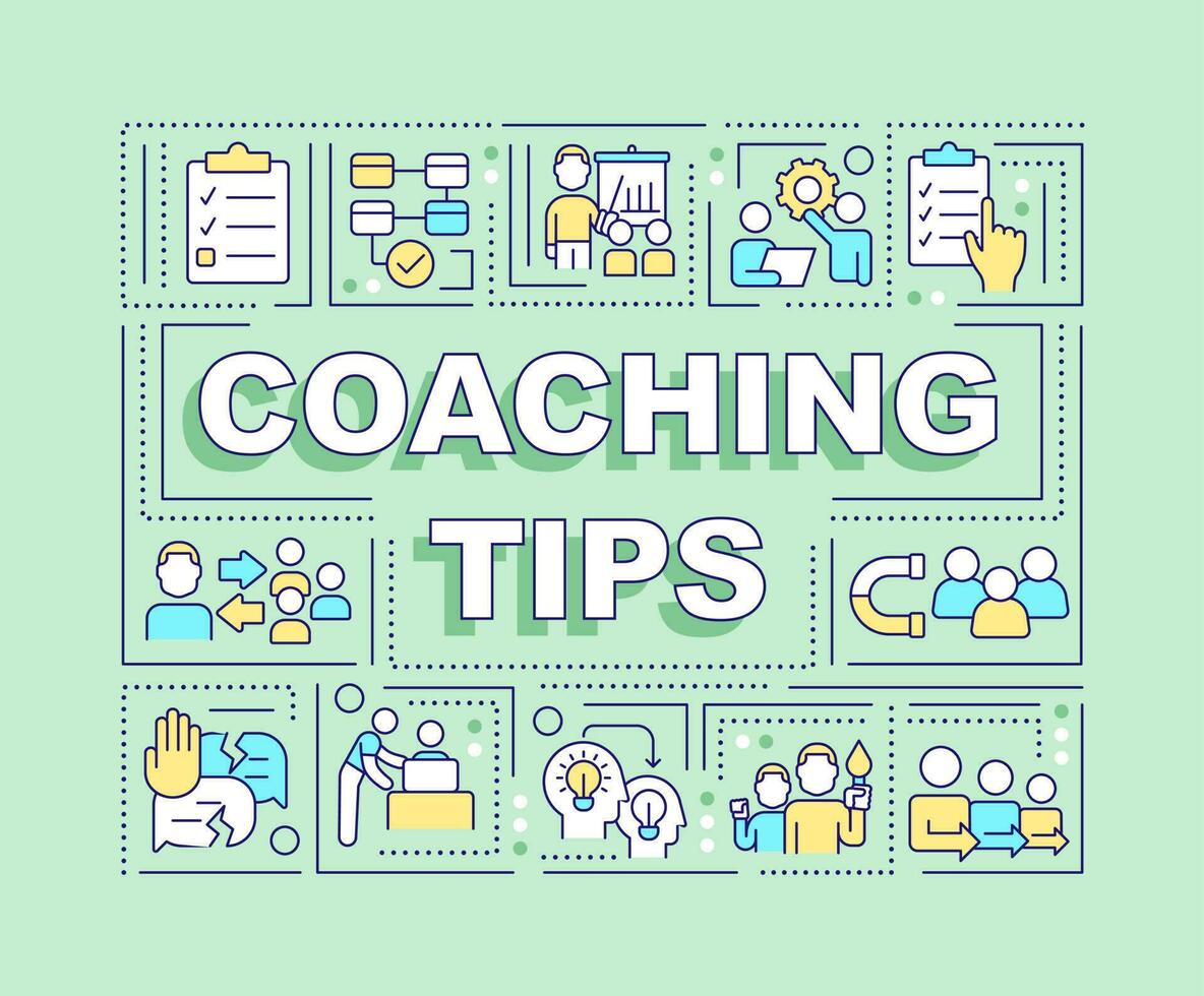 Coaching Ratschläge Wort Konzepte Grün Banner. werden besser Mentor. Infografiken mit editierbar Symbole auf Farbe Hintergrund. isoliert Typografie. Vektor Illustration mit Text