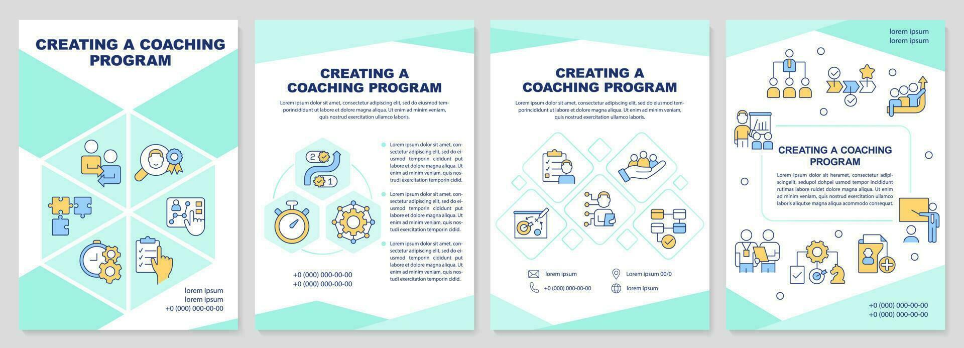 Erstellen Coaching Programm Minze Broschüre Vorlage. Flugblatt Design mit linear Symbole. editierbar 4 Vektor Layouts zum Präsentation, jährlich Berichte