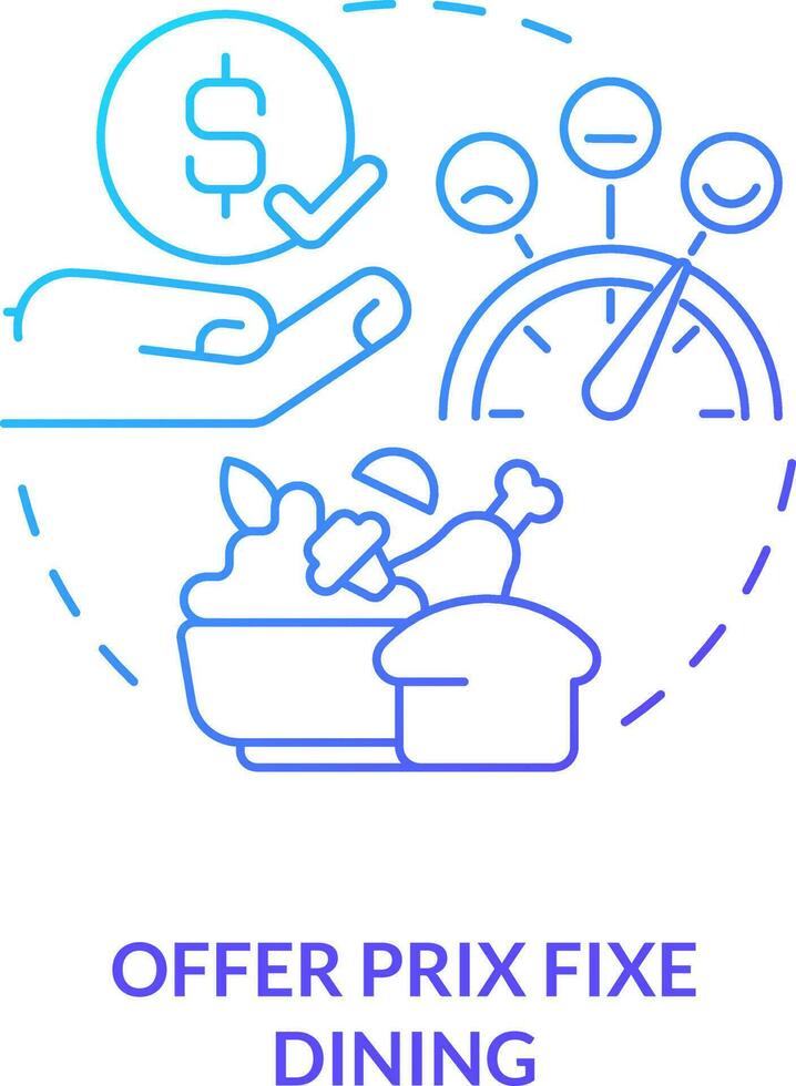 erbjudande prix fixa dining blå lutning begrepp ikon. förbättra restaurang gäst tillfredsställelse abstrakt aning tunn linje illustration. fast pris måltid. isolerat översikt teckning vektor