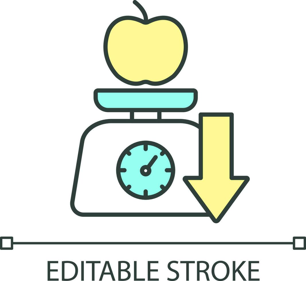 vägning äpple rgb Färg ikon. skalor och nedåt pil. låg vikt. specerier. skugga inflation. isolerat vektor illustration. enkel fylld linje teckning. redigerbar stroke