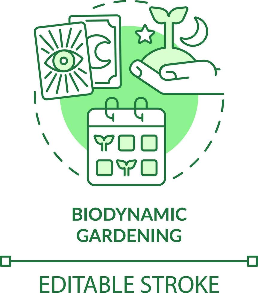 biodynamisch Gartenarbeit Grün Konzept Symbol. Aussaat und Pflanzen Kalender. Gartenarbeit Art abstrakt Idee dünn Linie Illustration. isoliert Gliederung Zeichnung. editierbar Schlaganfall vektor