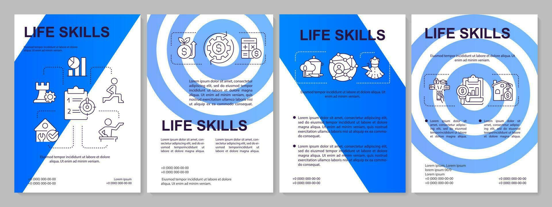 Leben Kompetenzen lila Blau Vorlage. wesentlich Fähigkeiten. Flugblatt Design mit linear Symbole. editierbar 4 Vektor Layouts zum Präsentation, jährlich Berichte