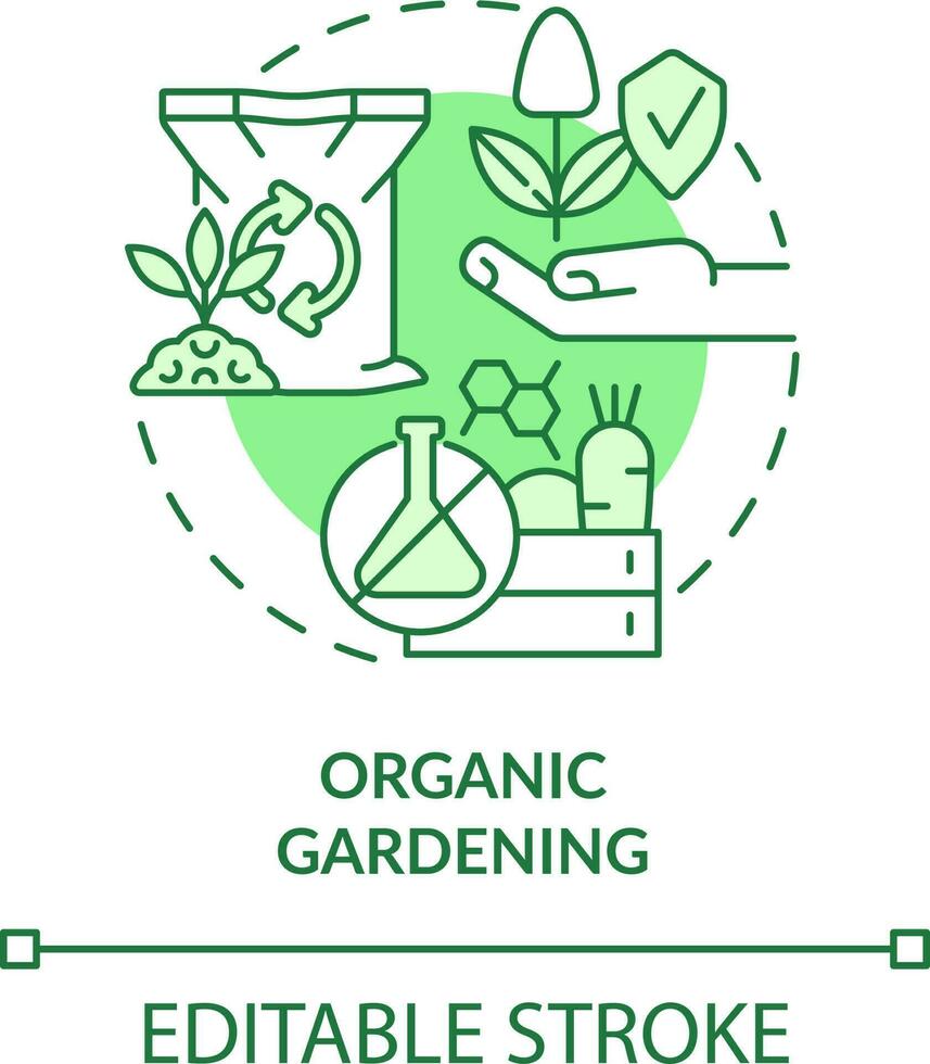 organisch Gartenarbeit Grün Konzept Symbol. Nein Synthetik Düngemittel. Gartenarbeit Art abstrakt Idee dünn Linie Illustration. isoliert Gliederung Zeichnung. editierbar Schlaganfall vektor