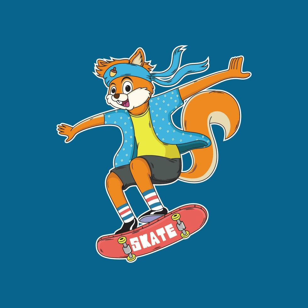 Eichhörnchen spielen Skateboard Karikatur. Tier Vektor Symbol Illustration, isoliert auf Blau Hintergrund