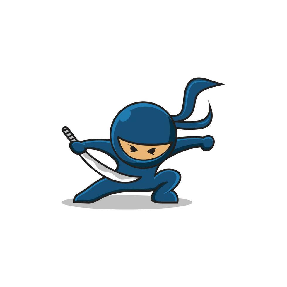Häftigt ninja tecknad serie med svärd. vektor ikon illustration, isolerat på vit bakgrund