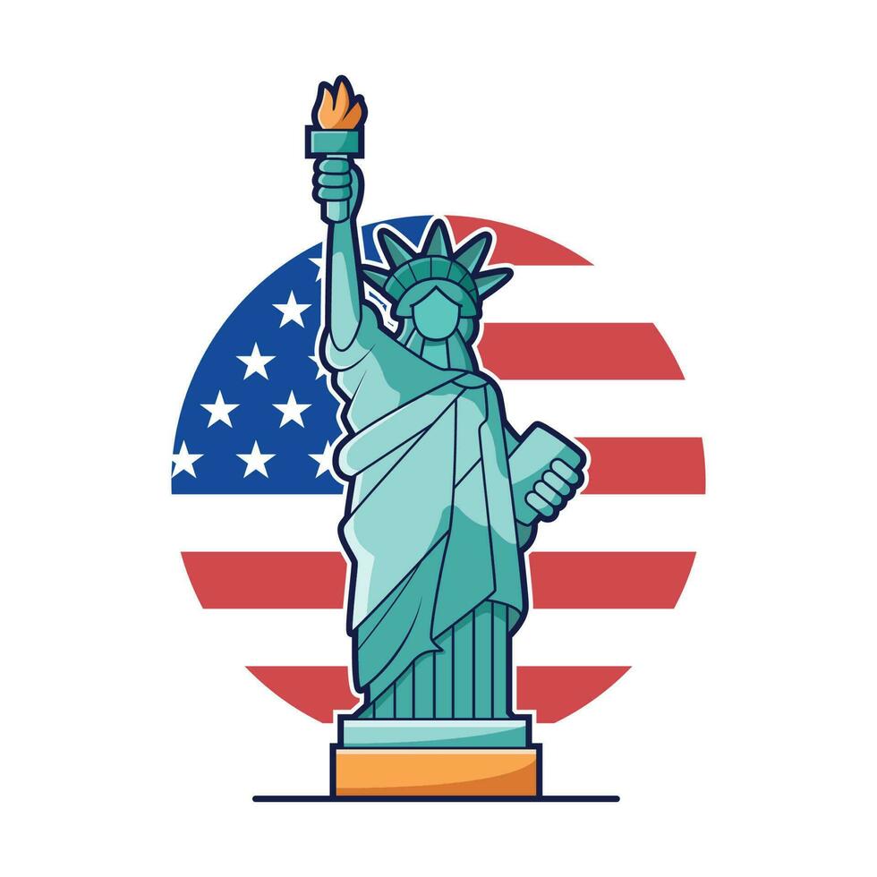 Freiheit Statue mit amerikanisch Flagge. Vektor Symbol Illustration, isoliert auf Weiß Hintergrund