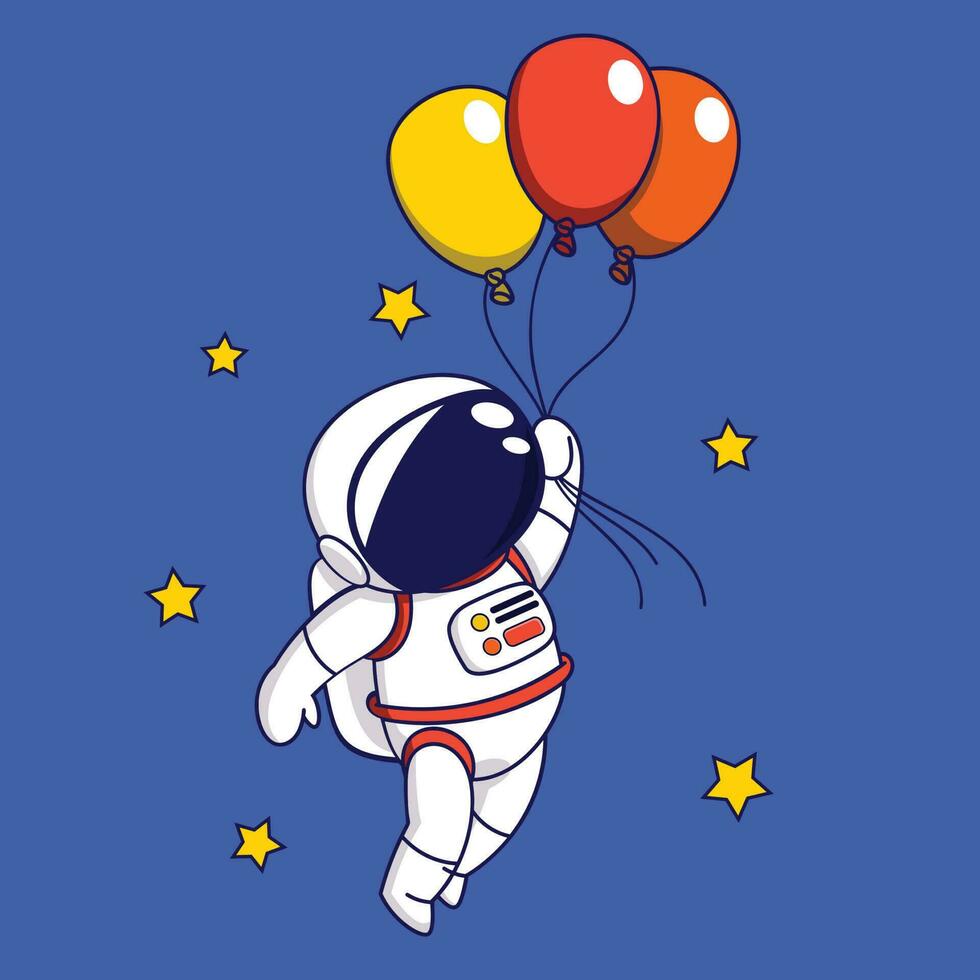söt tecknad serie astronaut flygande med ballonger. vektor illustration i tecknad serie stil.