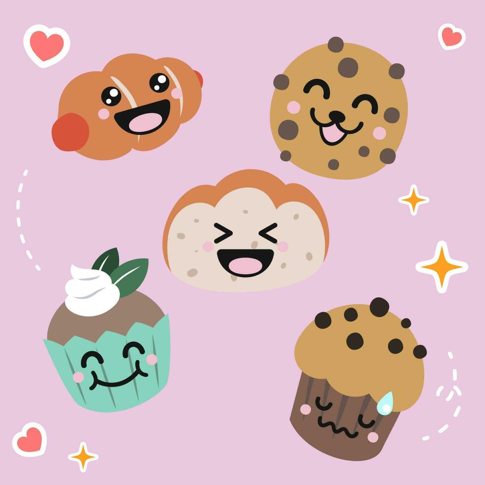 einstellen von kawaii Essen frisch gebacken Brot mit süß Smiley Gesicht. eben Vektor Design