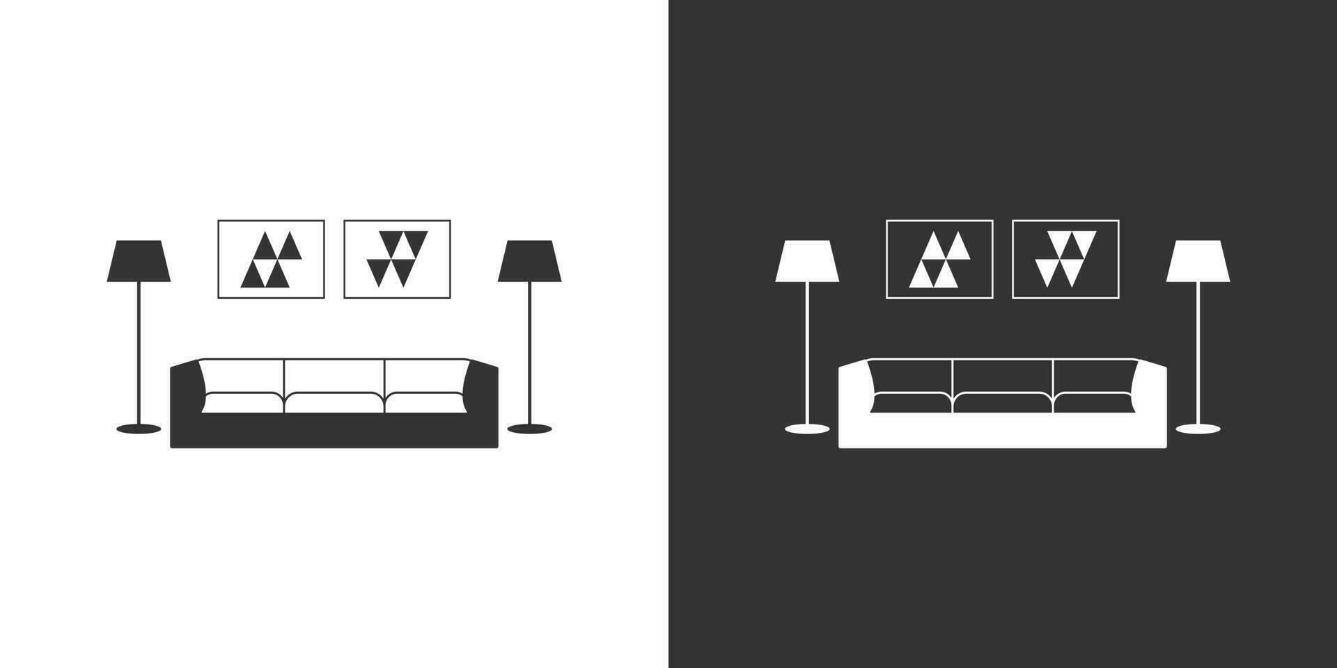levande rum interiör platt ikon isolerat på svart och vit bakgrunder. möbel ikon med soffa, två golv lampor och posters vektor