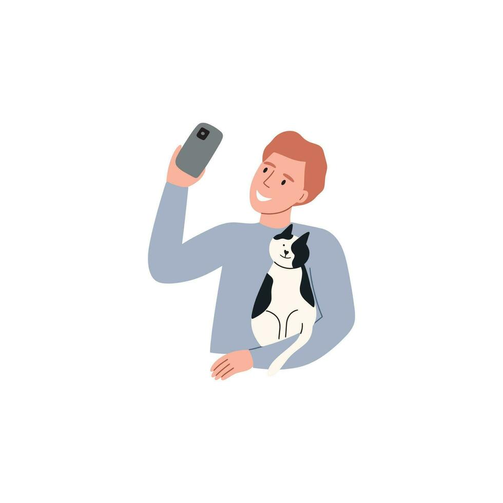 Mann tun Selfie mit Katze. Konzept von glücklich Haustier Eigentümer. Vektor Illustration im ein eben Stil isoliert auf Weiß Hintergrund.