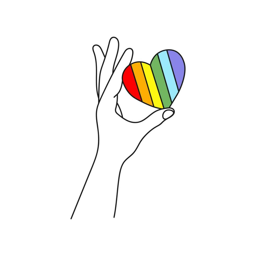 Hand halten Regenbogen Herz. lgbt Symbol. Linie Kunst. Stolz, Freiheit unterzeichnen. Hand gezeichnet Vektor Illustration.