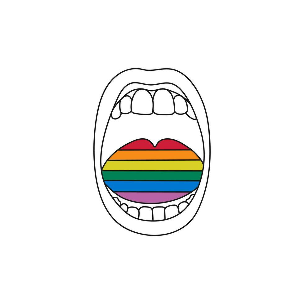 Mensch Mund mit Regenbogen Zunge. lgbt Symbol. Linie Kunst. Stolz, Freiheit unterzeichnen. Hand gezeichnet Vektor Illustration.