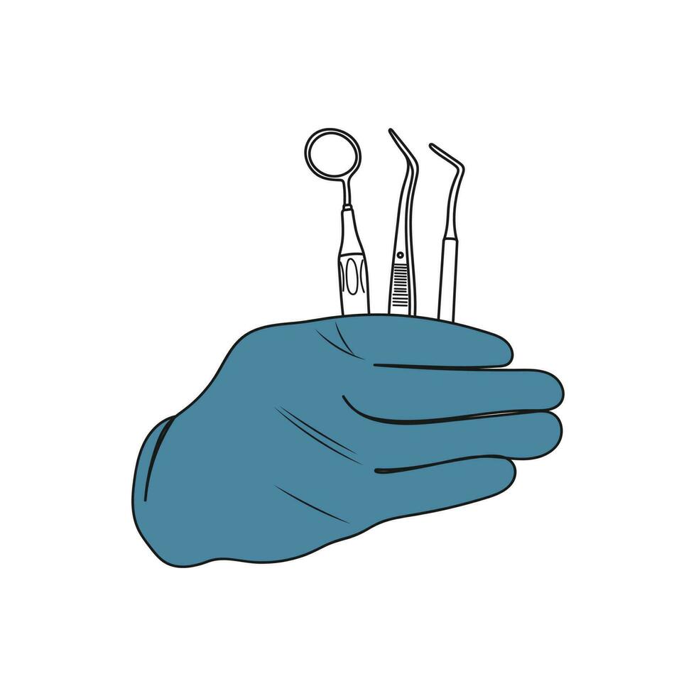 tandläkare hand håll dental verktyg. linje konst. dental hälsa vård. stomatologi begrepp. vektor illustration.
