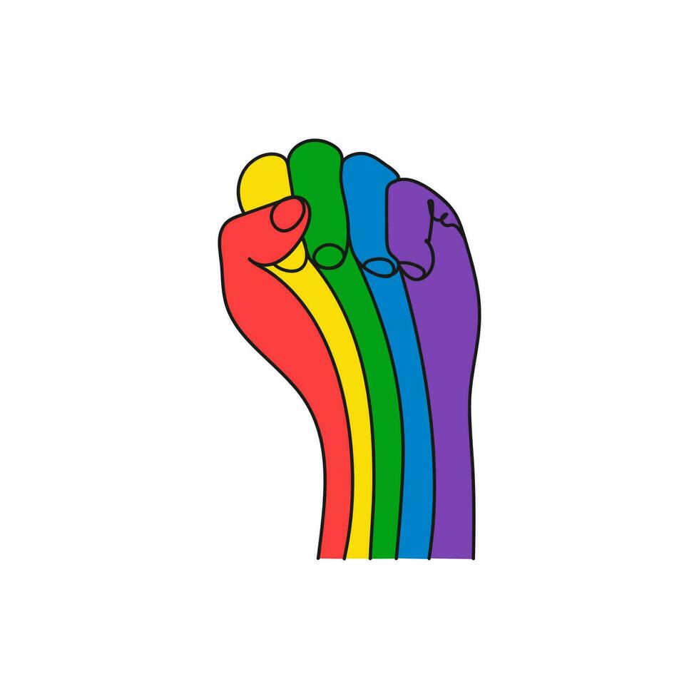 Regenbogen farbig Faust angehoben hoch. Linie Kunst. Mensch Hand im lgbt Flagge Farben. Hand gezeichnet Vektor Illustration.