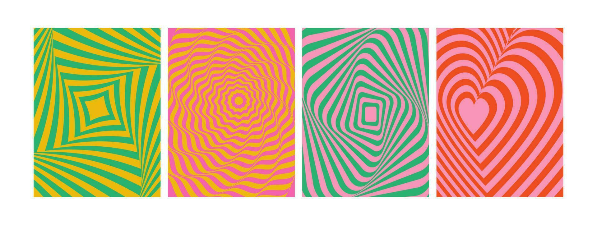 uppsättning av modern optisk abstrakt bakgrunder. optisk modern konst. psychedelic illusion, virvlar runt. hypnotisk overkligt abstrakt täcker, affischer, kort. vektor illustration.