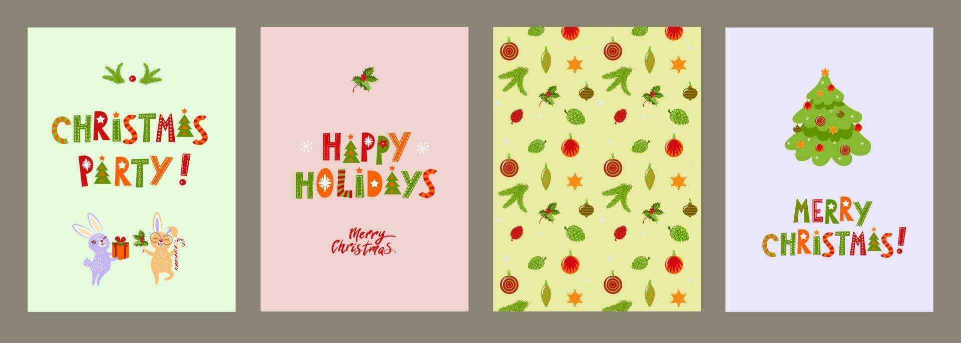 einstellen von Weihnachten Karten mit süß Hasen und Weihnachten Baum.saisonal Grüße. glücklich Feiertage, fröhlich Weihnachten und glücklich Neu Jahr. Vektor Illustration im Karikatur Stil.