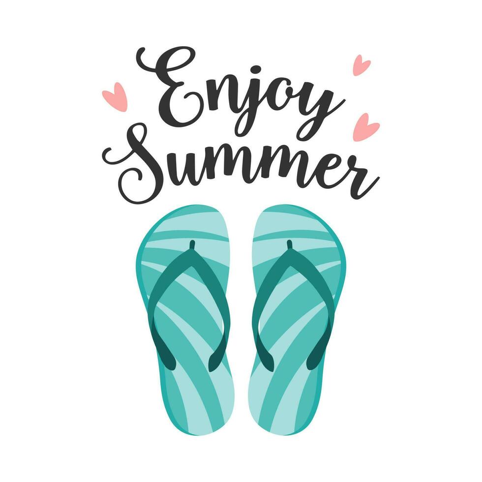 bunt Flip Flops, Sommer- Hausschuhe und genießen Sommer- zitieren. Sommer- Hintergrund, drucken auf T-Shirts, Vektor