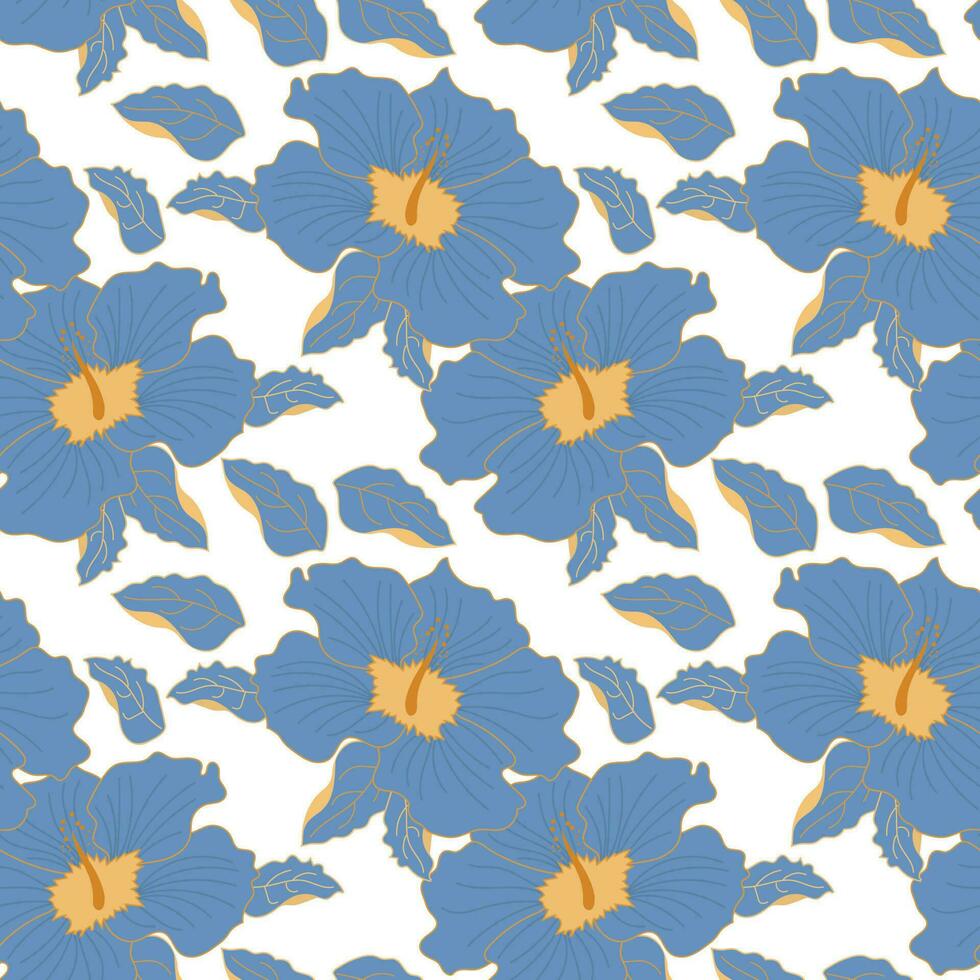 nahtlos Muster, elegant Blau und Gold Hibiskus Blumen. drucken, Blumen- Hintergrund, Textil, Hintergrund, Vektor