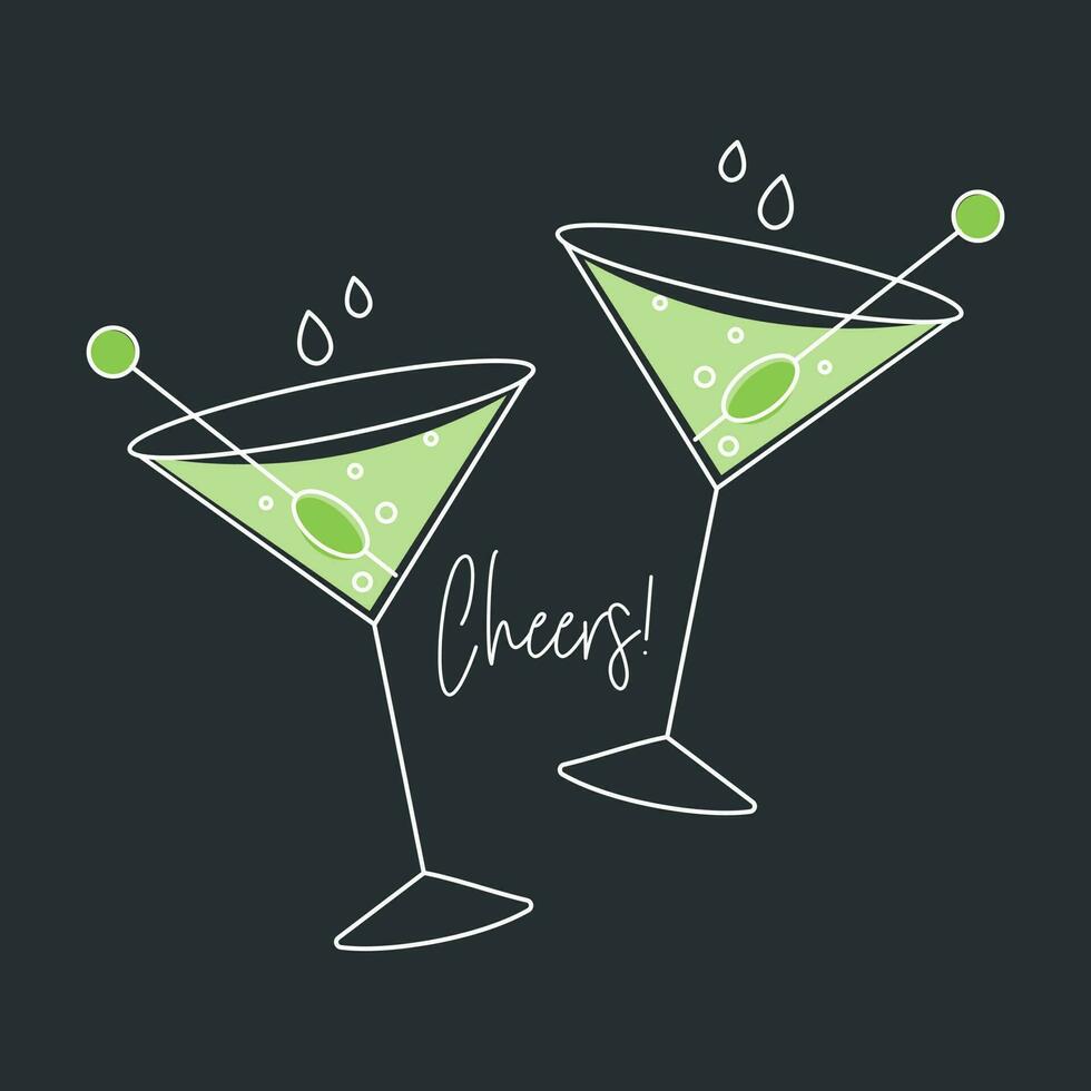 zwei Martini Cocktails mit Oliven und das Wort Prost. trinken Symbol, Urlaub Illustration, Vektor