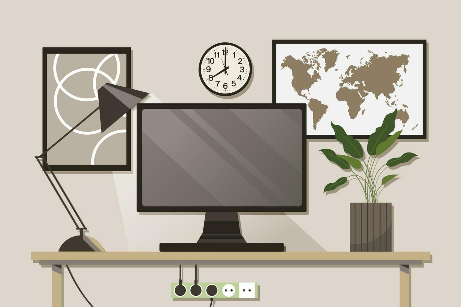 Zuhause Büro Konzept, Arbeitsplatz. Computer Monitor, Tabelle Lampe, Innen- Pflanzen auf das Tisch, Welt Karte und Mauer Plakate. Hintergrund, Vektor