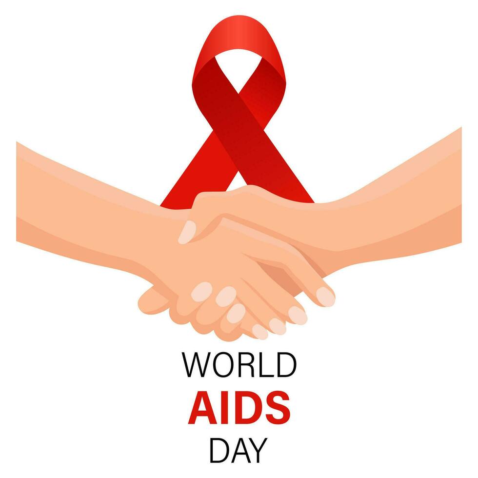Welt AIDS Tag. Hand halten Hand und rot Bewusstsein Schleife. Banner, Poster, Vektor
