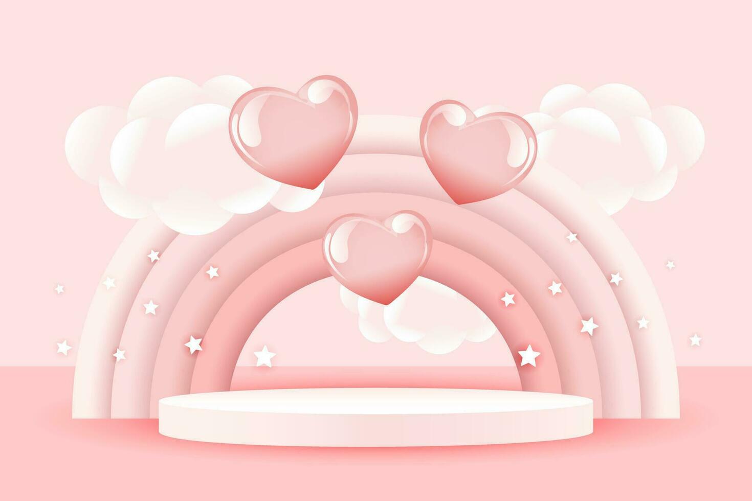 3d Baby Dusche, Regenbogen und Podium mit Luftballons und Sterne auf ein blass Rosa Hintergrund, kindisch Design im Pastell- Farben. Hintergrund, Illustration, Vektor