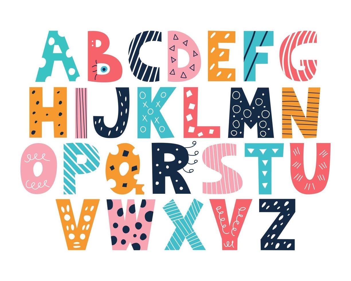 lateinisches mehrfarbiges Alphabet im Gekritzelstil auf einem weißen Hintergrund niedliche helle Vektor-englische Großbuchstaben lustiges handgezeichnetes Schriftdekor für Kinderplakate Postkarten Kleidung und Innendekoration vektor