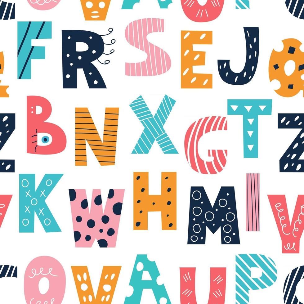 mehrfarbiges lateinisches Alphabet im Stil von Kritzeleien auf einem weißen Hintergrundvektor nahtloses Muster niedliches englisches Großbuchstabendekor für Kinderplakate Postkarten Kleidung und Innendekoration vektor