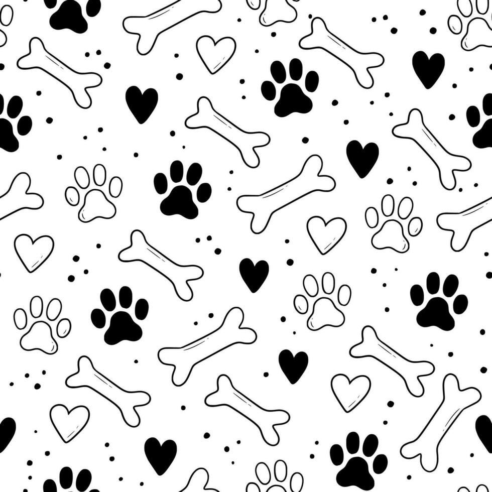Haustier Fußabdruck nahtlos Muster. Haustier Tier Hund, Katze Fußabdruck Hintergrund mit Herz, Knochen Element. Welpe, Kätzchen Textur Gekritzel gezeichnet Hintergrund. Vektor