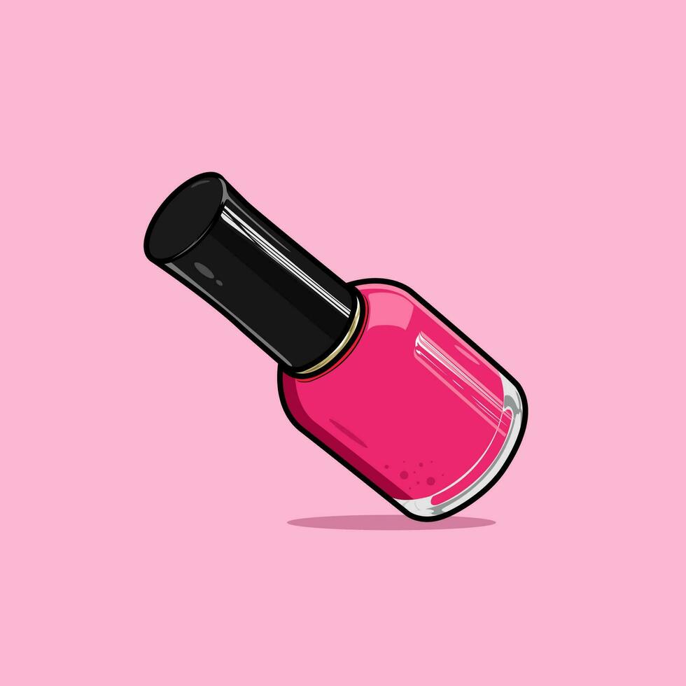 realistisch glänzend Rosa Nagel Polieren im Glas Flasche mit schwarz Deckel, Rosa Hintergrund Vektor Illustration