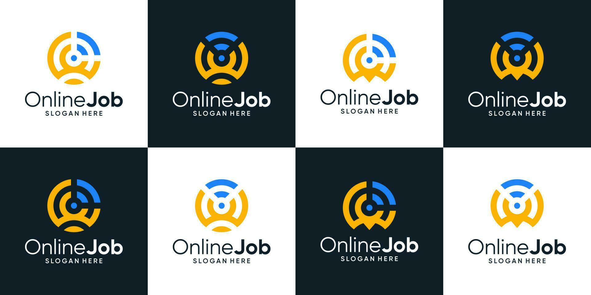 Sammlung von finden Arbeitsplätze online Logo Design. Menschen Logo mit Stift Ort und Signal Netzwerk Design Grafik Vektor Illustration. Symbol, Symbol, kreativ.