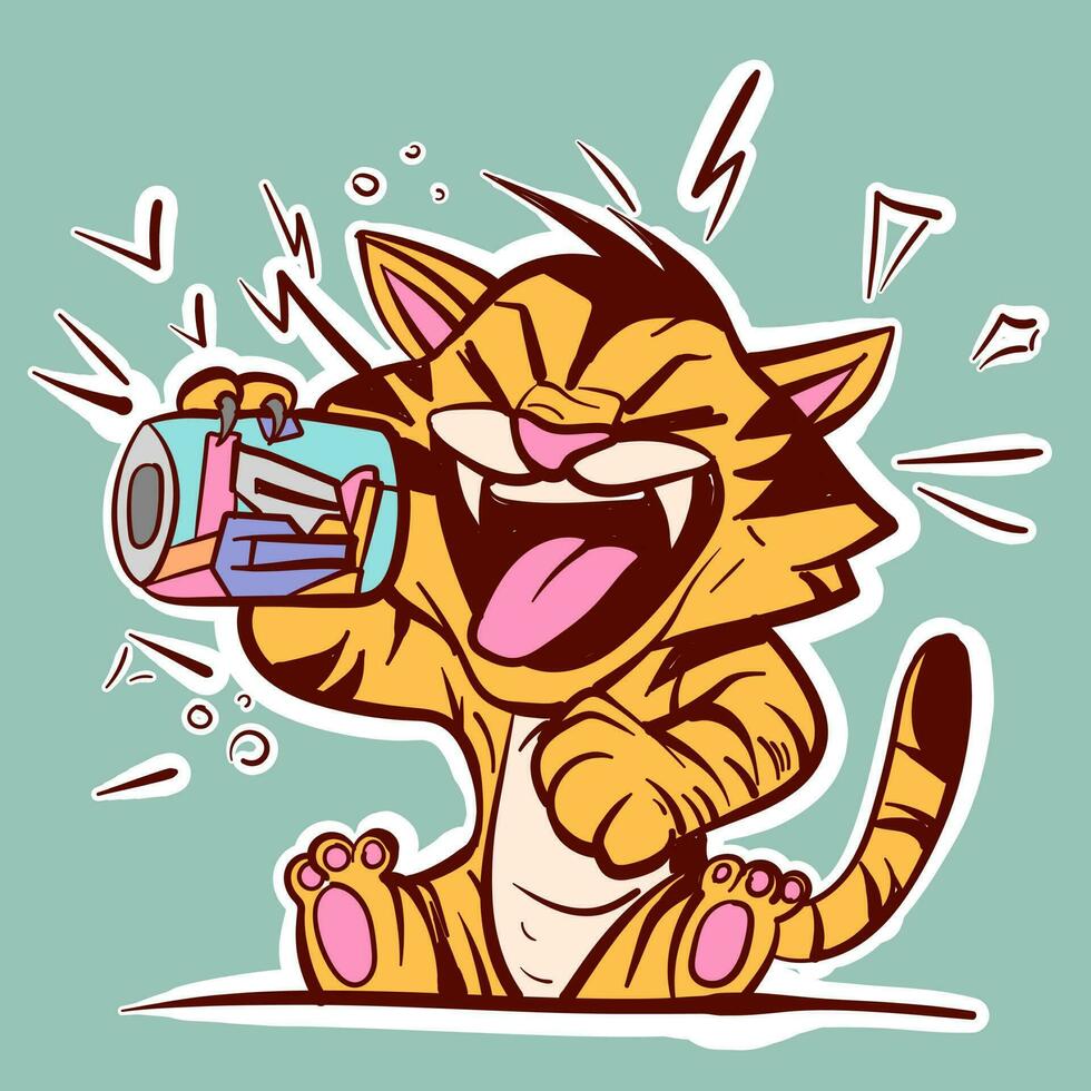 Digital Kunst von ein Karikatur Tiger Trinken Limonade von ein Metall dürfen. wild Tier haben ein Energie trinken Sitzung runter. vektor
