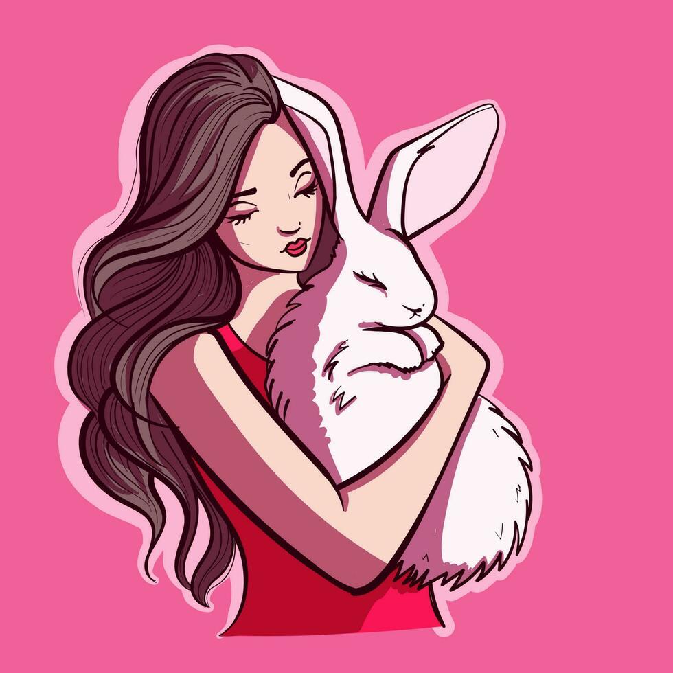 Vektor Illustration von ein Frau halten ein Weiß Hase. Digital Kunst von ein Mädchen mit lockig Haar umarmen ihr Haustier Hase.