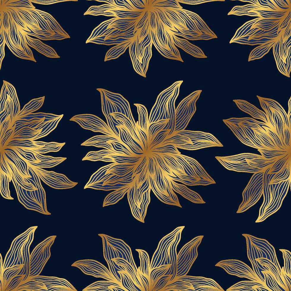 elegant dahlia blomma mönster i blå och guld med hand dragen stil vektor